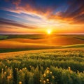 Sunset over the field Captivating majestic landscape with stunning light and rolling colorful