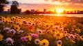 Sunset over field of daisies Royalty Free Stock Photo