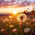 a sunset over a field of dandelions Royalty Free Stock Photo