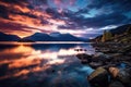 Sunset over the fjord in Norway. Long exposure, beautiful twilight sky over a fjord, AI Generated Royalty Free Stock Photo