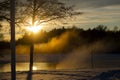 sunset over foggy river in winter Royalty Free Stock Photo