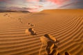 Sunset over footprints in the sand, Sahara - Erg Chebbi, Morocco Royalty Free Stock Photo