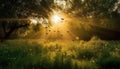 Sunset over the forest, animals flying in the yellow sunlight generated by AI Royalty Free Stock Photo