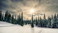 Sunset over the forest on the ski hills at Sun Peaks village Royalty Free Stock Photo