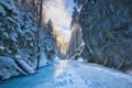 Sunset over frozen creek in Sucha Bela gorge in Slovak Paradise during winter Royalty Free Stock Photo