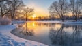 Sunset Over a Frozen Lake with Bare Trees and Golden Reflections Royalty Free Stock Photo