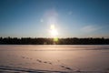 Sunset over the frozen lake and pine forest. Footsteps tracks on the snow Royalty Free Stock Photo