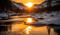 Sunset over a frozen mountain river. Winter nature background Royalty Free Stock Photo