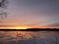Sunset over frozen river backwaters