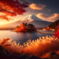 Sunset Over Fuji Mountain and Kawaguchiko Lake, A Seasonal Portrait in Autumn. Generative ai