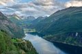 Sunset over the Geirangerfjord and the Seven Sisters Waterfall,  Norway Royalty Free Stock Photo