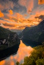 Sunset over the Geirangerfjord and the Seven Sisters Waterfall,  Norway Royalty Free Stock Photo