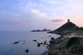 Sunset over the Genoese tower and lighthouse at Pointe de la Parata and Les Iles Sanguinaires near Ajaccio, Corsica