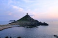 Sunset over the Genoese tower and lighthouse at Pointe de la Parata and Les Iles Sanguinaires near Ajaccio, Corsica