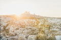 Sunset over Goreme village, cave houses and Uchisar castle, Cappadocia Royalty Free Stock Photo
