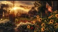 Sunset Over A Graveyard With Vibrant Flowers And American Flags Fluttering Beside A Headstone Royalty Free Stock Photo