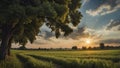 a sunset over a green field with the sun shining through the clouds, wind moving green grass Royalty Free Stock Photo