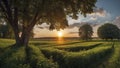 a sunset over a green field with the sun shining through the clouds, wind moving green grass Royalty Free Stock Photo