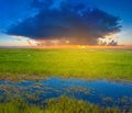 Sunset over a green hills