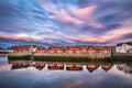 Sunset over harbor houses in Svolvaer, Lofoten islands, Norway