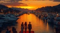 Sunset over harbor, three elegant figures on red carpet, luxury yachts Royalty Free Stock Photo