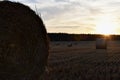 Sunset over harvested field with round bales of straw.