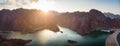 Sunset over Hatta dam lake in Dubai emirate of UAE aerial panorama