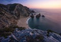 Sunset over a hidden surreal Praia Da Ursa Beach near Cabo Da Roca on Atlantic coast, Portugal, Europe Royalty Free Stock Photo