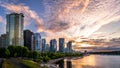 Sunset over the High Rise Condominium Towers in the Coal Harbour Neighbourhood on the shore of Vancouver Harbor Royalty Free Stock Photo