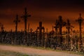 Sunset over Hill of crosses in Siauliai, Lithuania Royalty Free Stock Photo