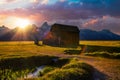 Sunset over a historic barn at Mormon Row in Grand Teton National Park, Wyoming