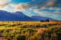 Sunset over a historic farm at Mormon Row in Grand Teton National Park, Wyoming