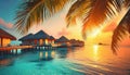 sunset over holiday paradise sea with bungalows