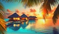 sunset over holiday paradise sea with bungalows