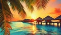 sunset over holiday paradise sea with bungalows