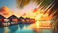 sunset over holiday paradise sea with bungalows