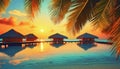 sunset over holiday paradise sea with bungalows