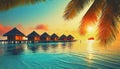 sunset over holiday paradise sea with bungalows