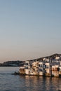 Sunset over houses in Little Venice, Hora, Mykonos, Greece Royalty Free Stock Photo