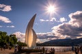 Sunset over the iconic fiberglass sculpture `Spirit of Sail` at the City Park of Kelowna at the bottom of Bernard Avenue