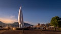 Sunset over the iconic fiberglass sculpture `Spirit of Sail` at the City Park of Kelowna