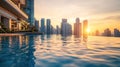 Sunset over an infinity pool with a panoramic view of modern city skyscrapers Royalty Free Stock Photo