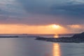 Sunset over islands of Aalesund in Norway. Royalty Free Stock Photo