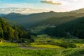 Sunset over Japanese countryside with mountains and rice fields