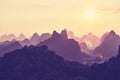 Sunset over Karst mountains formations in Guilin, China. Royalty Free Stock Photo