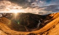 Sunset over Kerlingarfjoll mountain range on geothermal area among Icelandic Highlands on summer