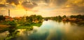 Sunset over Kwai river, Kanchanaburi, Thailand. Panorama Royalty Free Stock Photo