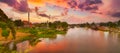 Sunset over Kwai river, Kanchanaburi, Thailand. Panorama Royalty Free Stock Photo