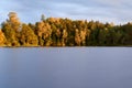 Sunset over the lake in the background of the forest. Royalty Free Stock Photo