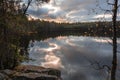 Sunset over the lake, calm weather, Late autumn, mirror image